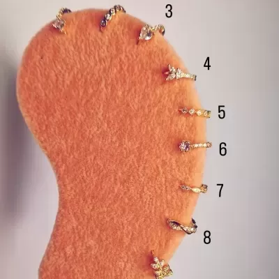 Dez brincos dourados com pedras sobre base alaranjada felpuda em forma de orelha