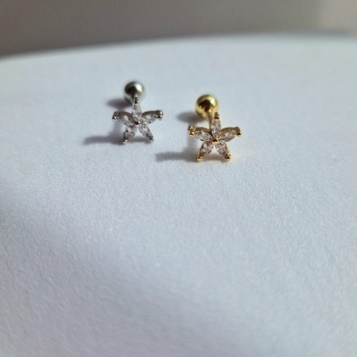 Dois brincos em forma de estrela, um prateado e outro dourado, com cristais transparentes.