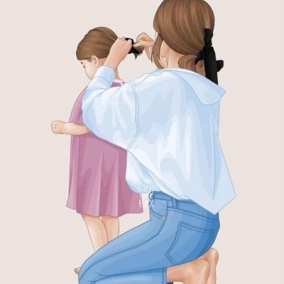 Ilustração de mulher a pentear cabelo de criança com vestido rosa