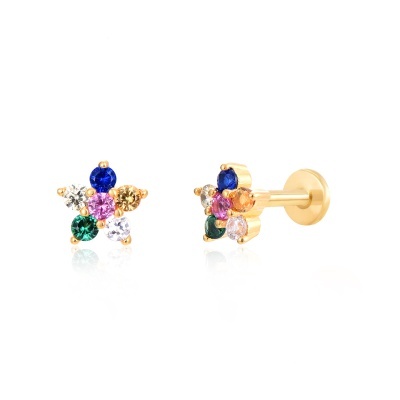 brincos estrela em metal dourado com pedras coloridas
