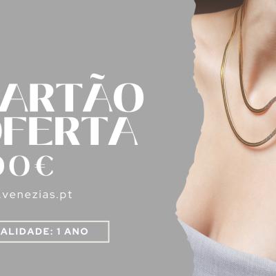 Cartão oferta de 100 euros com texto em fundo cinza e pessoa com colares dourados