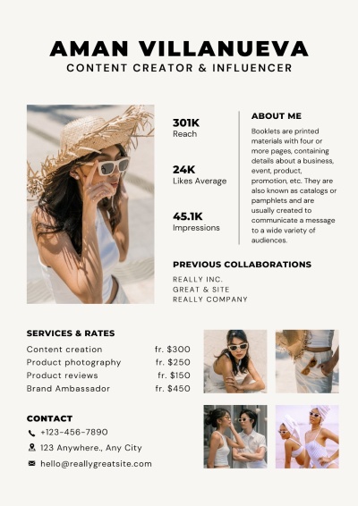 Flyer promocional de influencer Aman Villanueva com fotos e informações de contato