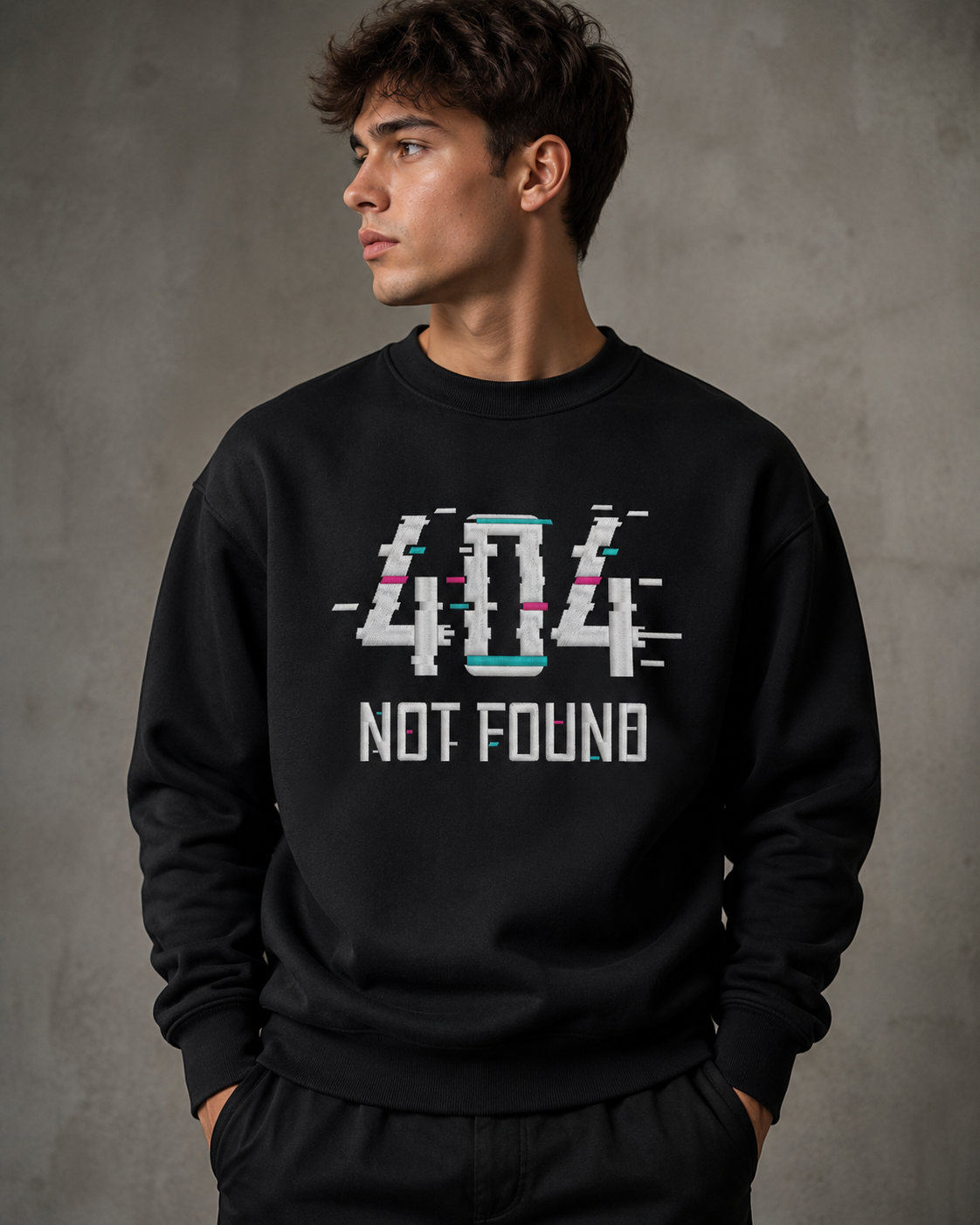 Sweatshirt preta com estampa 404 NOT FOUND usada por homem.