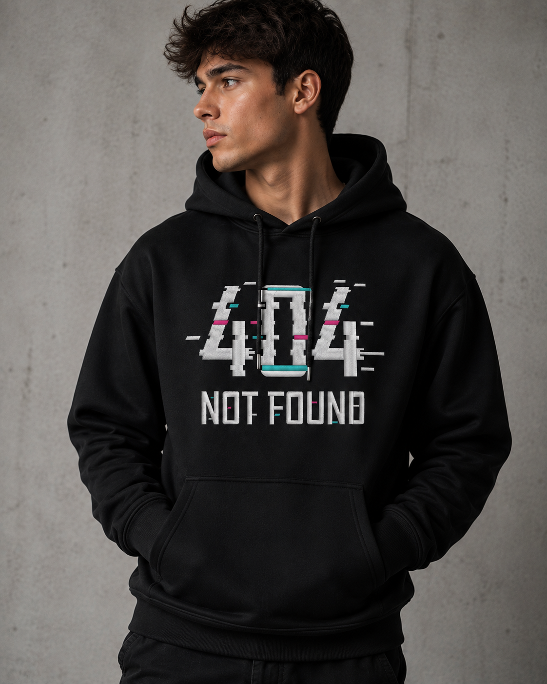 Camisola preta com capuz e estampa 404 NOT FOUND em fundo cinza