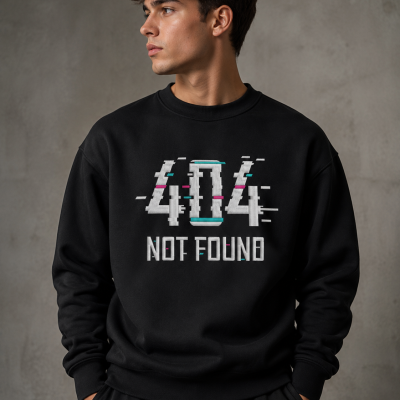 Sweatshirt preta com estampa 404 NOT FOUND usada por homem.