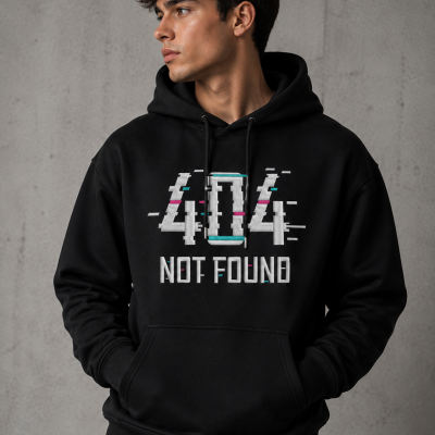 Camisola preta com capuz e estampa 404 NOT FOUND em fundo cinza