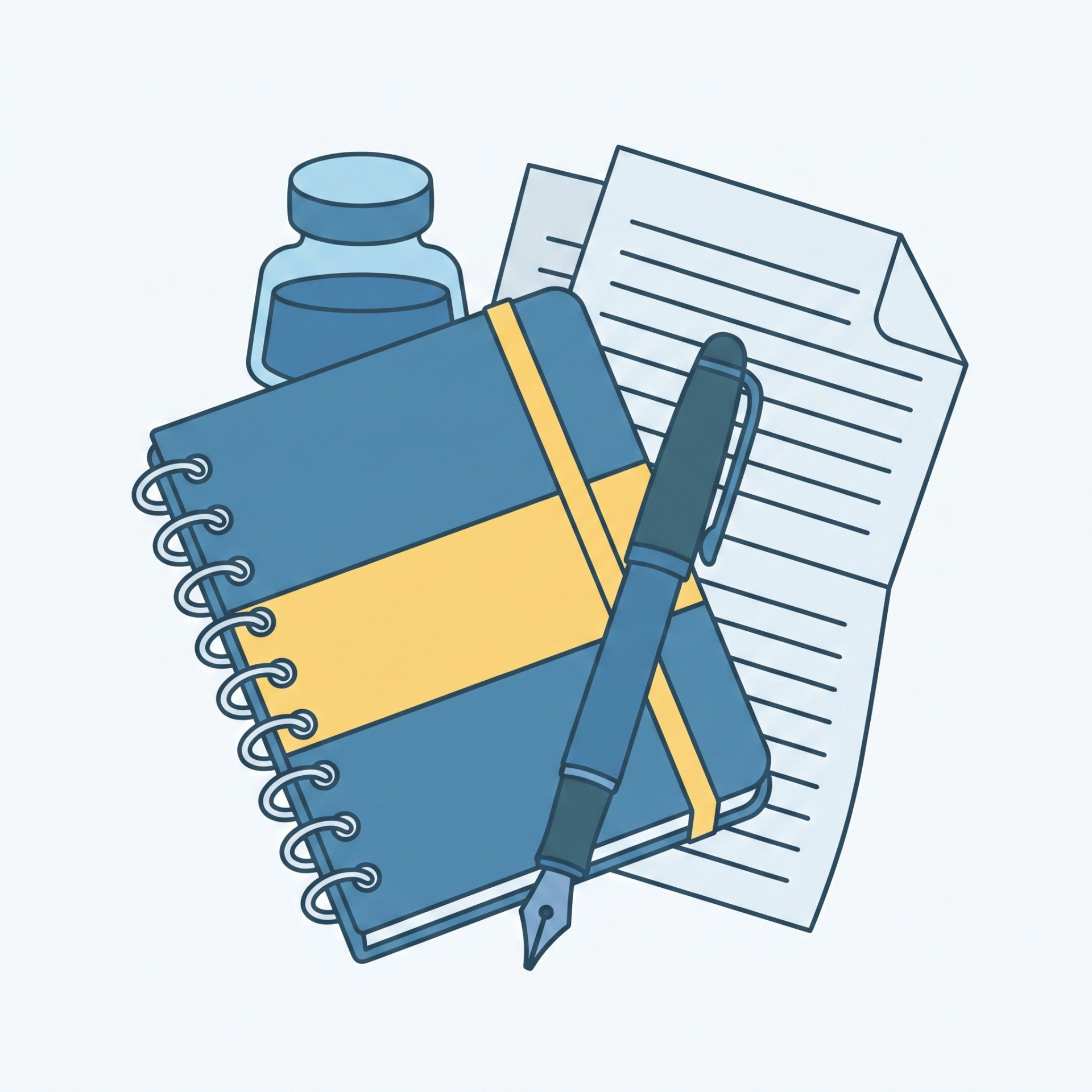 Francês A1 – Online Síncrono Caderno espiral azul e amarelo com caneta azul, garrafa de tinta e folhas de papel pautado.