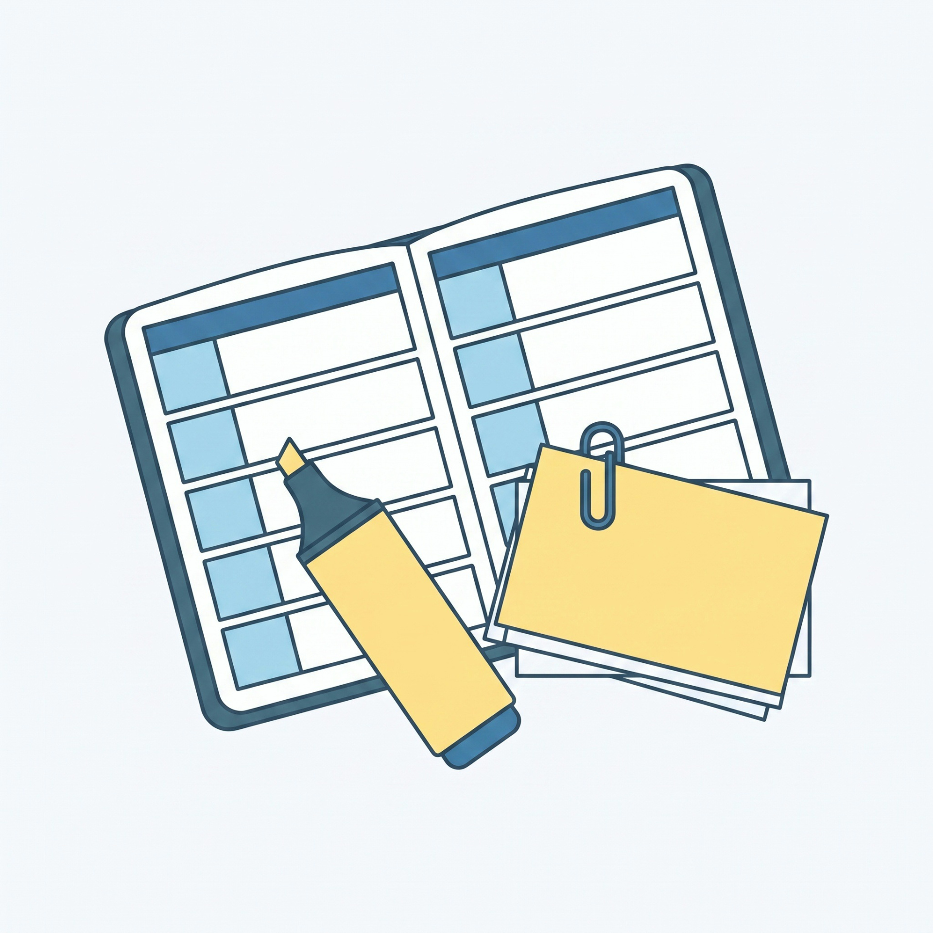 Ilustra&ccedil;&atilde;o de agenda semanal aberta, marcador amarelo e fichas