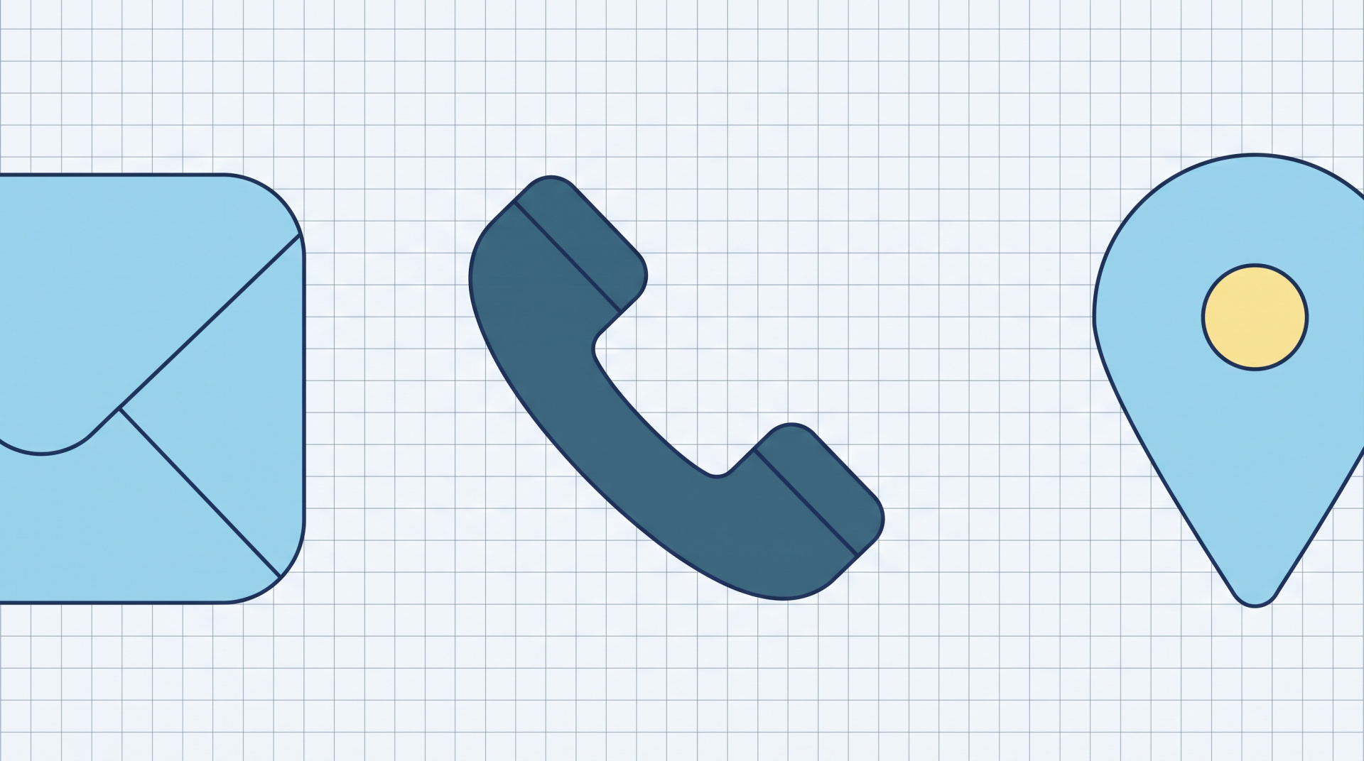 Ilustração de um envelope, um telefone e um marcador de mapa