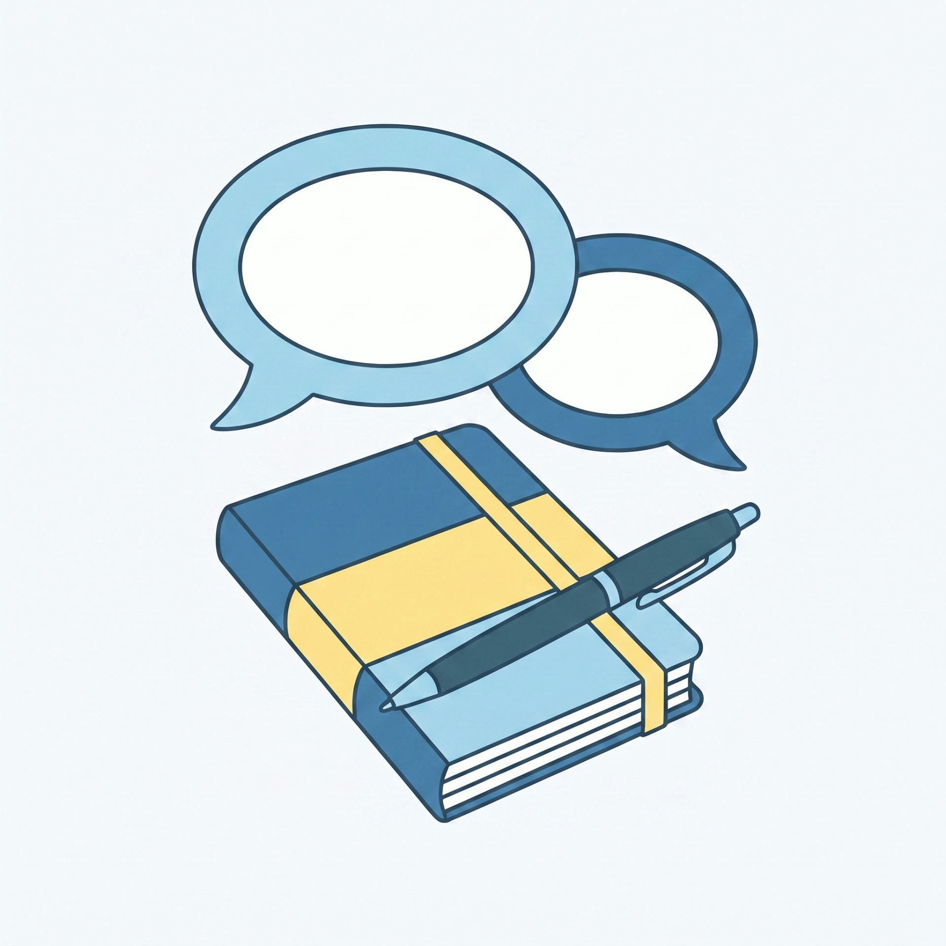 Ilustra&ccedil;&atilde;o de dois bal&otilde;es de fala sobre um caderno com caneta
