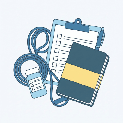 Bloco de notas, prancheta com checklist e garrafa com cordão