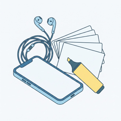 Auriculares azuis, smartphone, marcador amarelo e cartas brancas num fundo branco