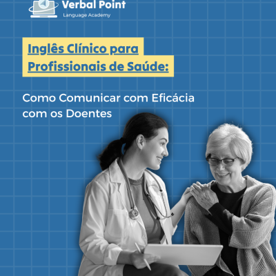 Promoção de curso de inglês clínico para profissionais de saúde com imagem de médica e paciente idosa