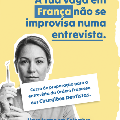 Mulher médica com instrumento odontológico e texto em azul sobre fundo amarelo