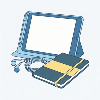 Tablet azul com capa, auscultadores brancos e caderno preto com faixa amarela