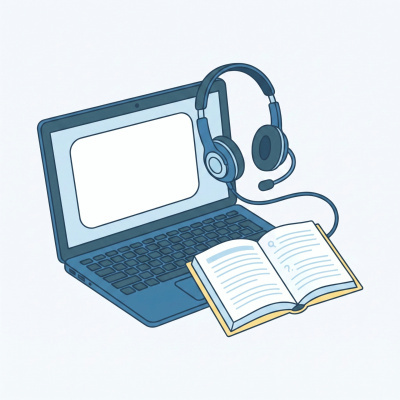 Computador portátil azul com auscultadores azuis e livro aberto