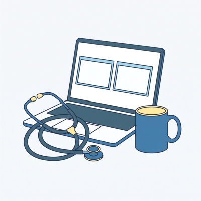 Computador portátil azul com estetoscópio e caneca azul