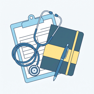 estetoscópio azul, prancheta, caderno e caneta em desenho gráfico