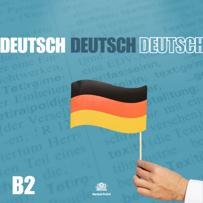 Mão segurando bandeira da Alemanha com texto DEUTSCH e B2 no fundo azul