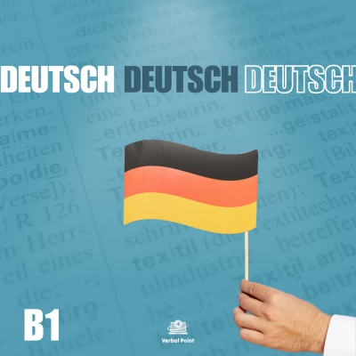 Mão segurando pequena bandeira da Alemanha com fundo azul e texto DEUTSCH no topo