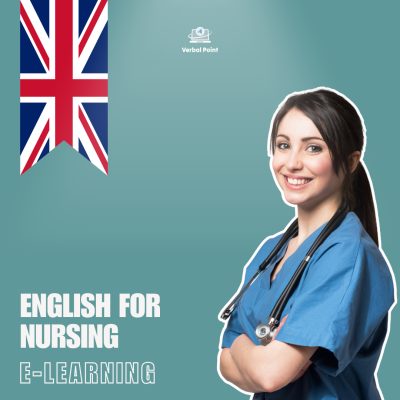 Mulher com uniforme azul de enfermagem e estetoscópio, texto 'ENGLISH FOR NURSING E-LEARNING' e bandeira do Reino Unido