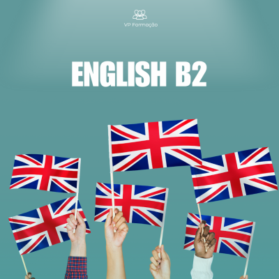 Pessoas segurando bandeiras do Reino Unido com texto English B2 e logo VP Formação