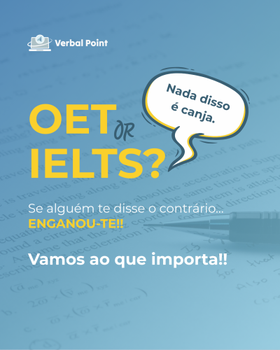 Imagem promocional com texto em português sobre OET e IELTS com fundo azul claro