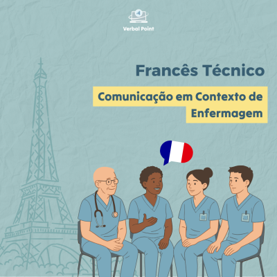 Ilustração de quatro profissionais de saúde em uniforme azul e texto sobre comunicação em francês técnico na enfermagem
