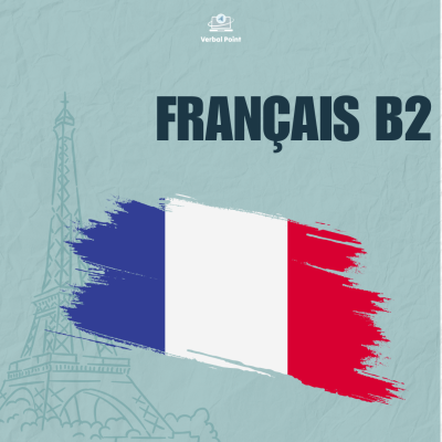 Material de estudo com texto FRANÇAIS B2, bandeira da França e Torre Eiffel desenhada