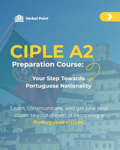 Promoção do curso CIPLE A2 para cidadania portuguesa com bandeira e texto.