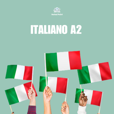Mãos segurando bandeiras da Itália com texto ITALIANO A2 ao fundo verde