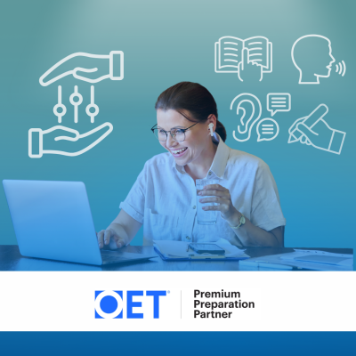 Mulher de óculos a usar portátil com ícones educativos e logotipo OET