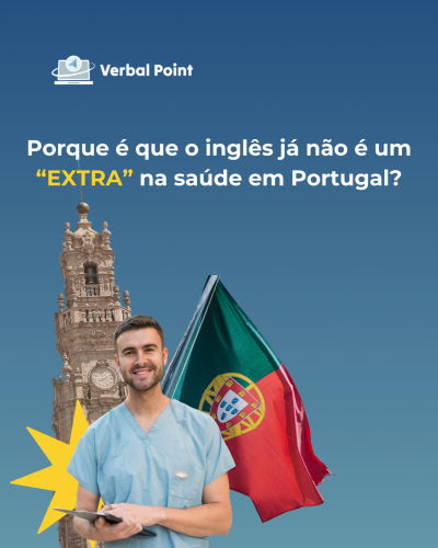 Médico com bata azul, bandeira de Portugal e torre decorativa com texto sobre inglês na saúde em Portugal