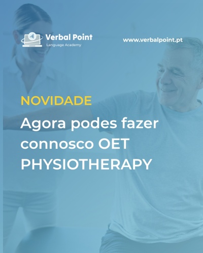 Banner promocional da Verbal Point para OET Physiotherapy com fundo azul e duas pessoas