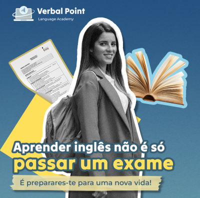 Promoção de academia de inglês com jovem mulher, livro aberto e texto motivacional em português