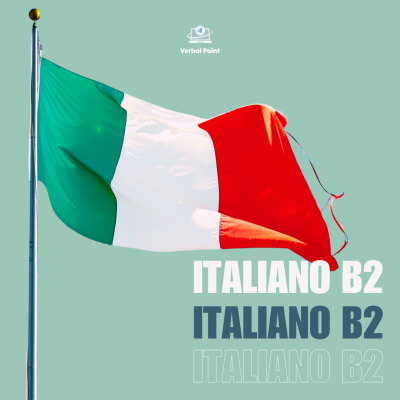 Bandeira da Itália com texto ITALIANO B2 em fundo verde claro