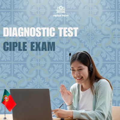 Mulher com auscultador em frente a portátil com bandeira de Portugal, fundo de azulejos azuis e texto DIAGNOSTIC TEST CIPLE EXAM