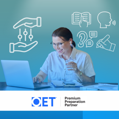 Mulher com auriculares num ambiente de trabalho com logotipo OET e texto de parceria