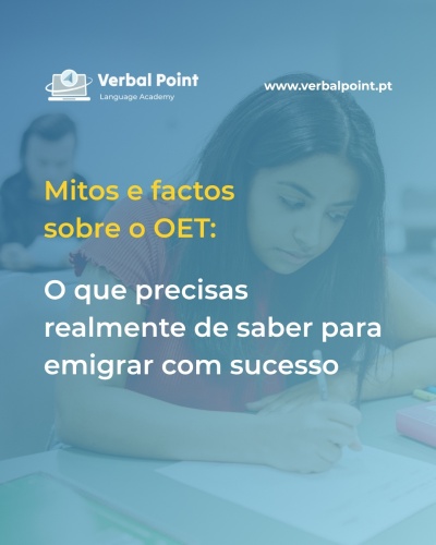 Jovem a escrever num ambiente de estudo com texto promocional sobre OET e emigração