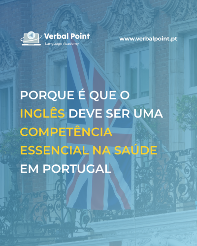Bandeira do Reino Unido numa varanda de edifício de tijolos com texto promocional de escola de línguas Verbal Point
