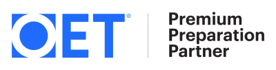 Logótipo OET azul e branco com texto Premium Preparation Partner