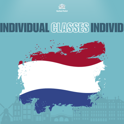 Texto 'INDIVIDUAL CLASSES INDIVI' com bandeira da Holanda estilizada sobre fundo azul e logotipo Verbal Point