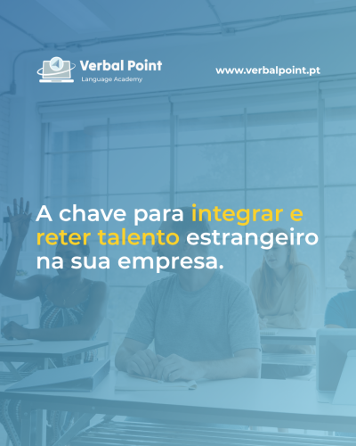 Sala de aula com pessoas e texto promocional da Verbal Point