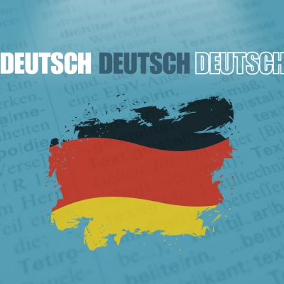 Palavra DEUTSCH em diferentes fontes sobre fundo azul com texto alemão e bandeira da Alemanha pintada