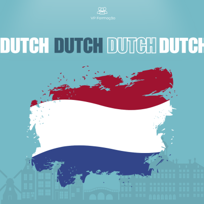 Imagem digital com bandeira da Holanda em mancha de tinta sobre fundo azul claro com prédios, moinhos e texto 'DUTCH'.