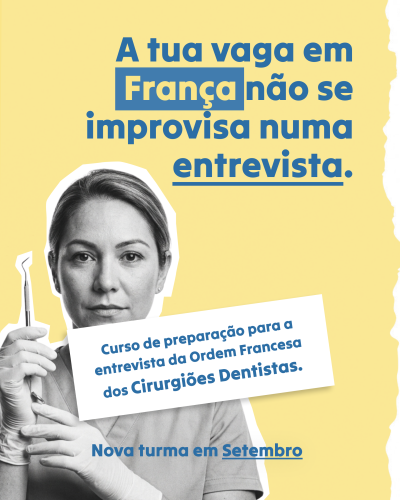 Mulher médica com instrumento odontológico e texto em azul sobre fundo amarelo