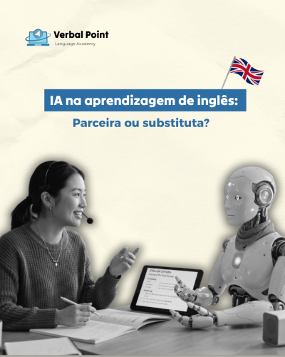 Pessoa a aprender inglês com robô, texto sobre aprendizagem de inglês e logotipo Verbal Point.