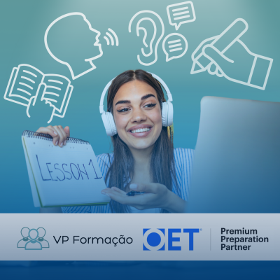 Pessoa jovem com auscultadores e bloco de notas Lesson 1 em fundo azul com ícones e texto de formação