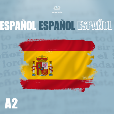 Bandeira da Espanha pintada com texto Verbal Point e níveis de Espanhol A2