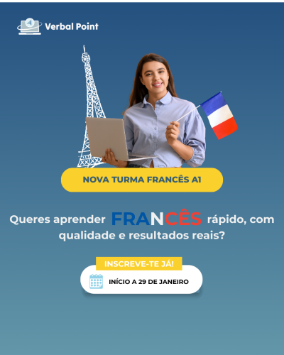 Imagem promocional de curso de francês com jovem a segurar portátil e bandeira da França